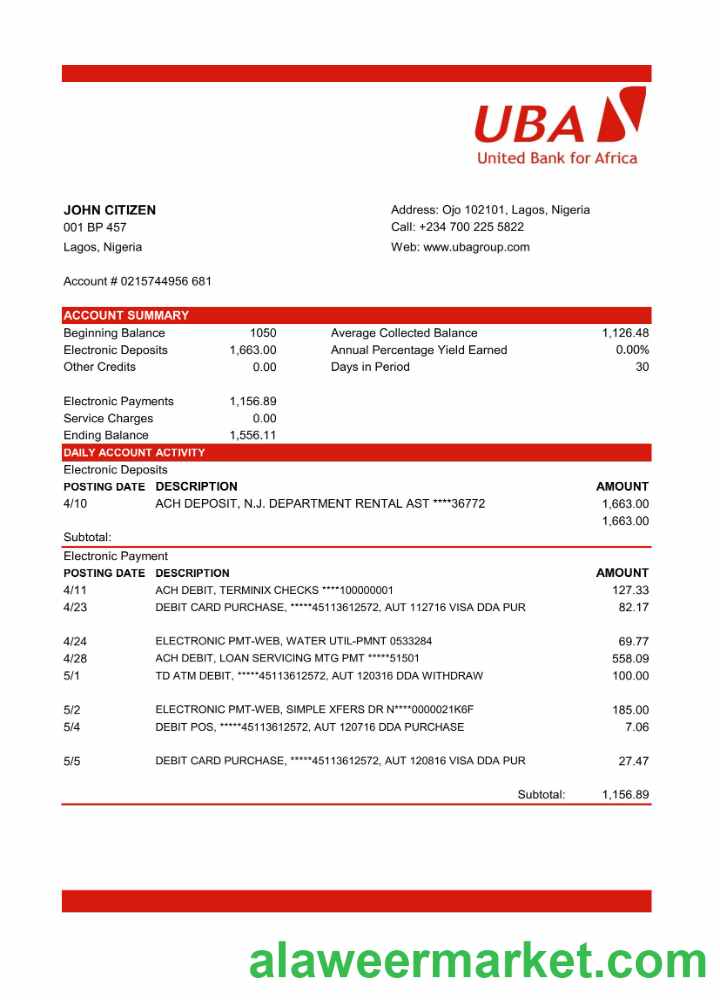 Nigeria UBA bank statement in Excel and PDF format